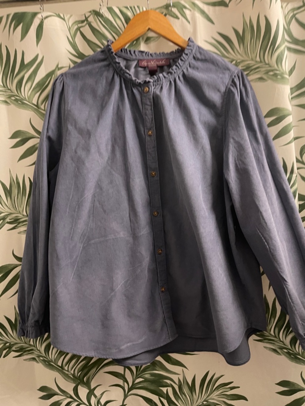 Gloria Vanderbilt Slate Blue Ruffle-Neck Button-Down Blouse